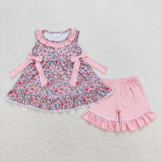 Baby Girls Summer Sleeveless Floral Tunic Dots Pink Shorts Set
