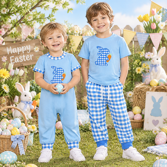Sibling Baby Boys Kids Short Sleeves Embroidery Rabbits Carrots Romper Set Blue Clothes RTS