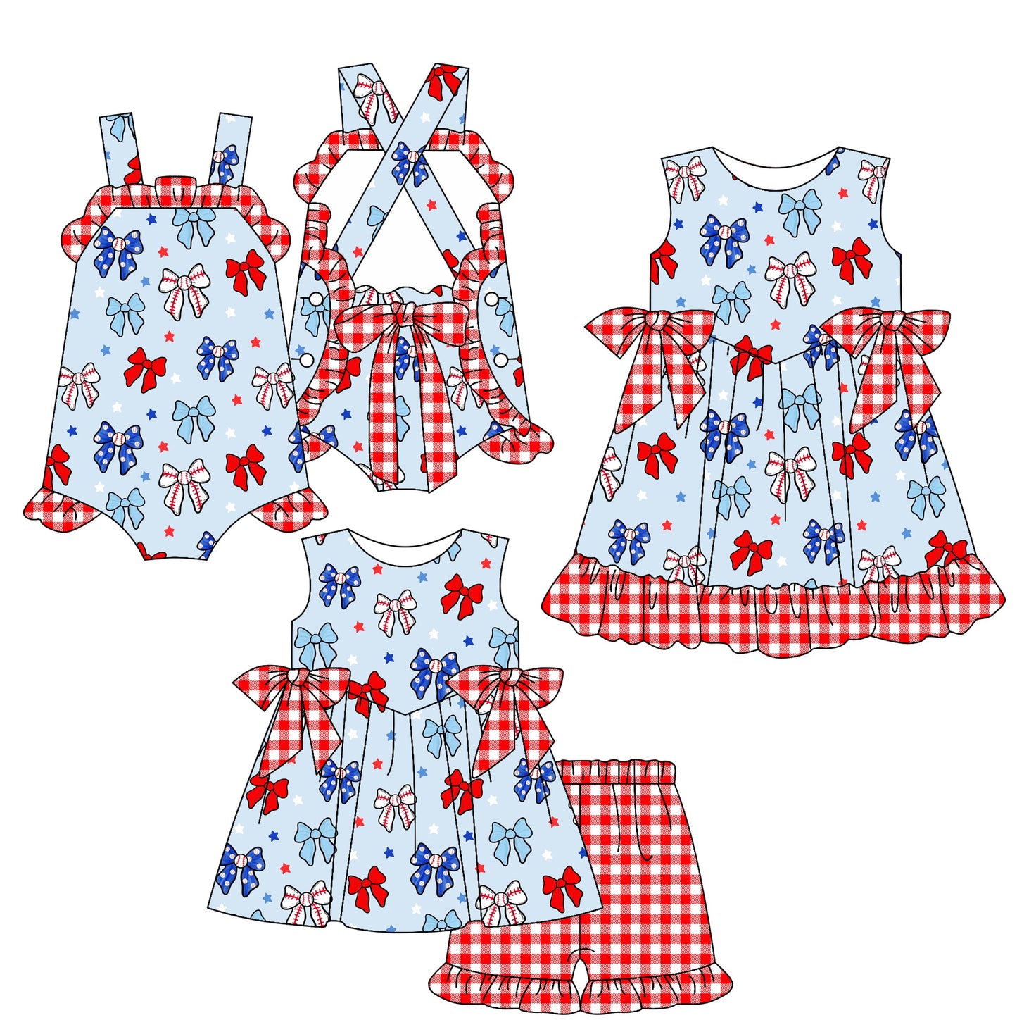 Baby Girl Baseball Bows Checked July 4th Sibling Romper Dress Set ( Moq 5 Each Style ) 2.26