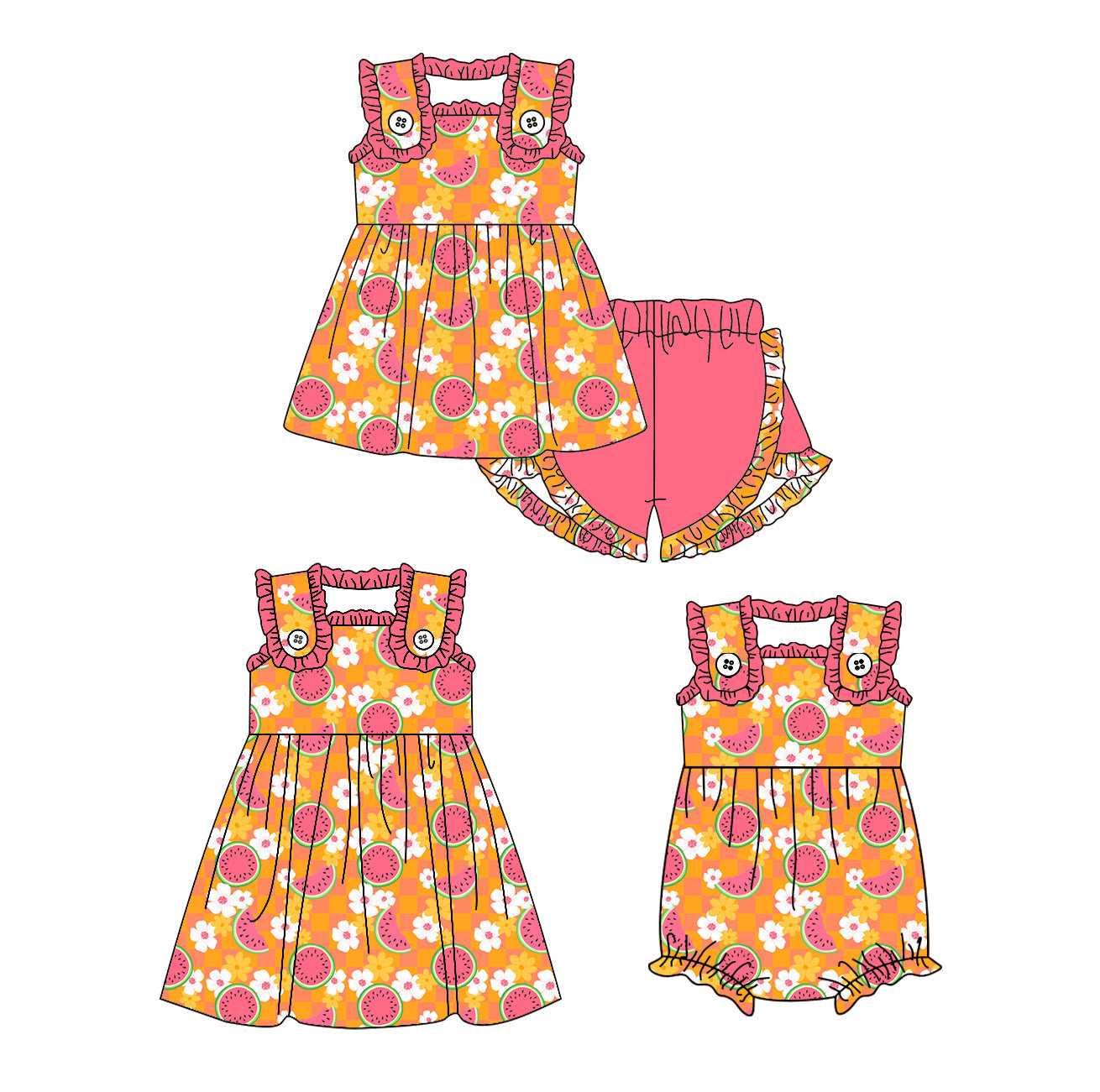 Baby Girl Watermelon Flower Sibling Romper Dress Set ( Moq 5 Each Style ) 1.24