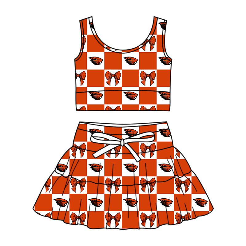 ( Moq 5 ) Baby Girls Kids Sleeveless Bows Checked Tops Shorts Skirt Team Set
