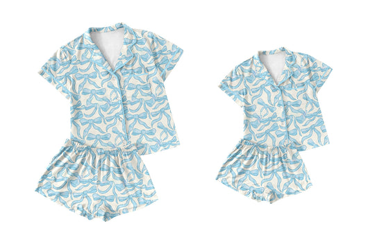 Baby Girl Adult Women Blue Bows Sibling Pajamas Set ( Moq 5 Each Style ) 1.11