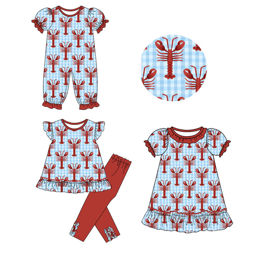 ( Moq 5 Each Style ) Baby Girl Toddler Crawfish Plaid Sibling Romper Dress Set