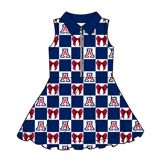( Moq 5 ) Baby Girls Kids Bows Navy Checked Team Zipper Shorts Knee Length Dress