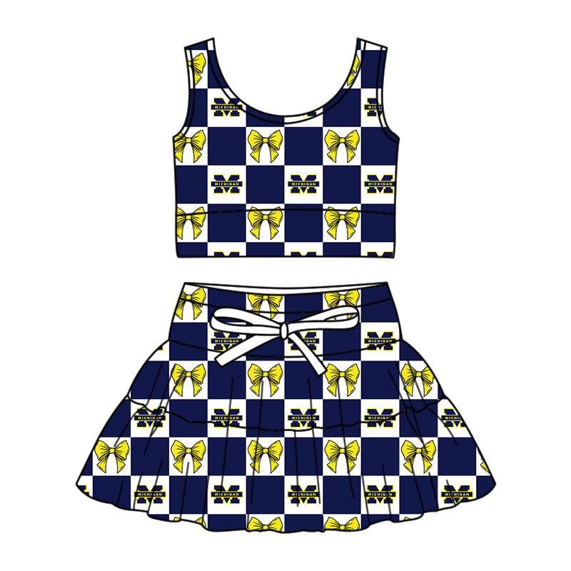 ( Moq 5 ) Baby Girls Toddler Yellow Bows Navy Plaid Tops Shorts Skirt Team Set