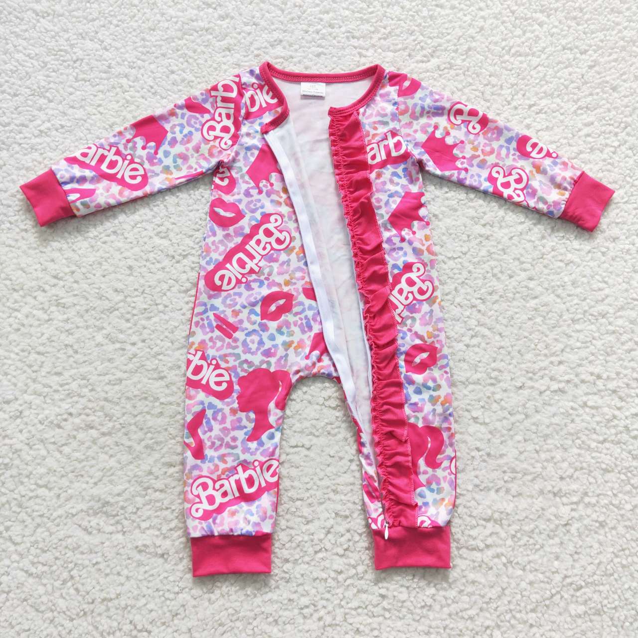 LR0481 Baby Girl Long Sleeves Zipper Leopard Pink Doll One Piece Birthday Romper