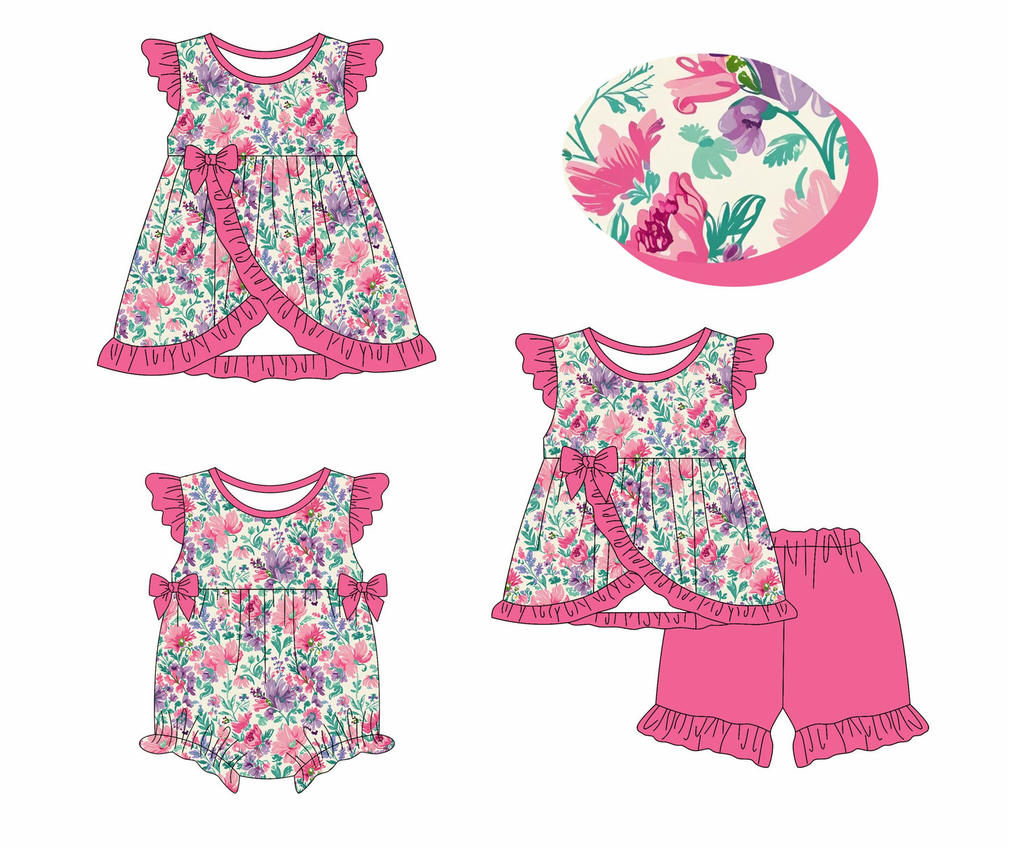 ( Moq 5 Each Style ) Baby Girl Short Sleeves Flower Bows Sibling Romper Dress Set 3.27