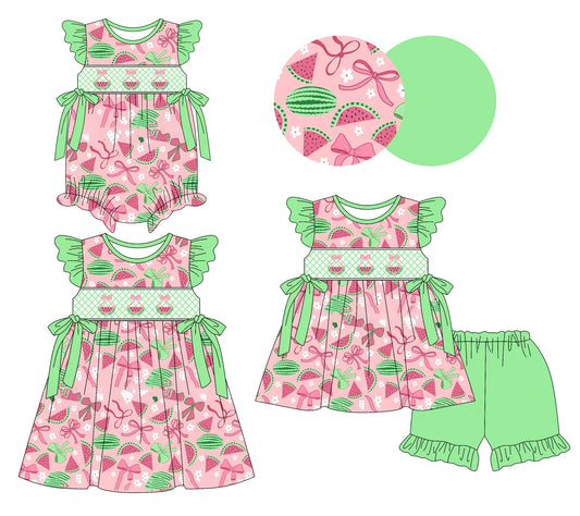 ( Moq 5 Each Style ) Baby Girls Kids Short Sleeves Watermelon Flower Bows Sibling Romper Dress Set