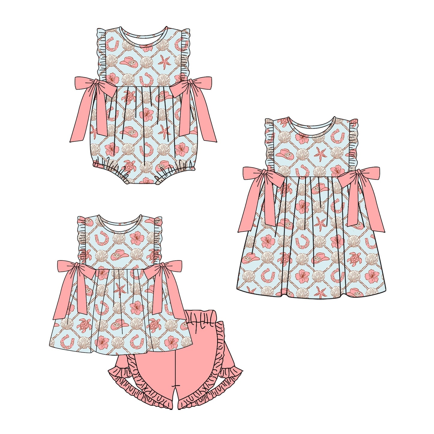 Baby Girl Western Hats Sibling Romper Dress Set ( Moq 5 Each Style ) 1.23