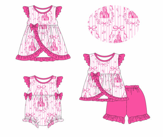 Baby Girl Short Sleeves Castle Pink Bows Sibling Romper Dress Set ( Moq 5 Each Style ) 3.8