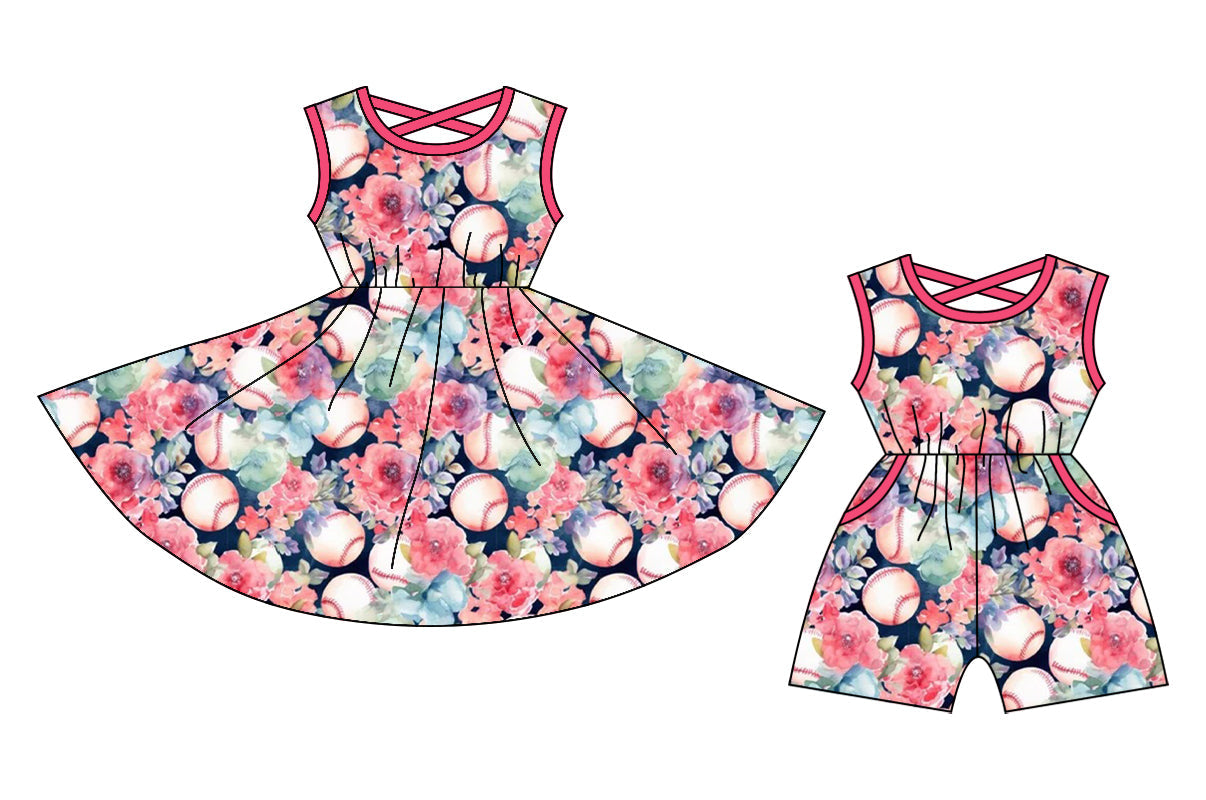 Baby Girl Sleeveless Baseball Flower Sibling Dress Jumpsuit ( Moq 5 Each Style ) 12.20
