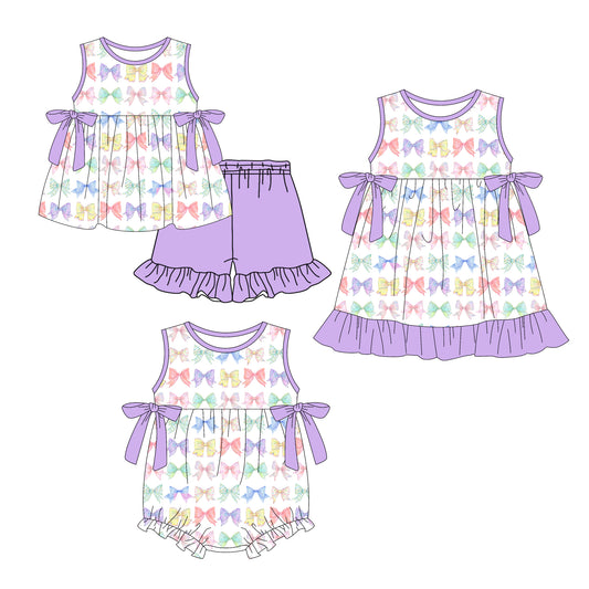 ( Moq 5 Each Style ) Sibling Baby Girls Kids Sleeveless Bows Purple Romper Dress Set