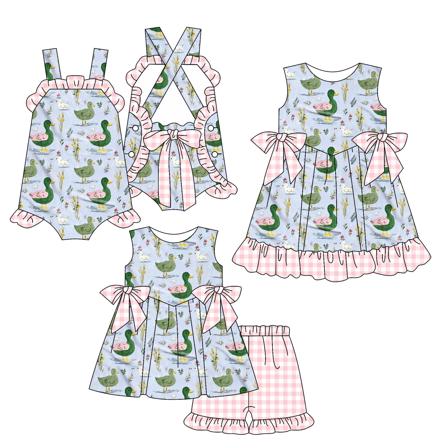 ( Moq 5 Each Style ) Sibling Baby Girls Kids Ducks Bows Romper Dress Set Clothes