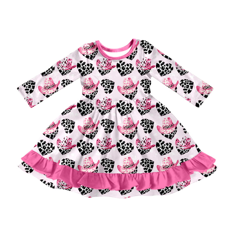 Baby Girl Toddler Long Sleeves Western Hats Hearts Valentine Dress