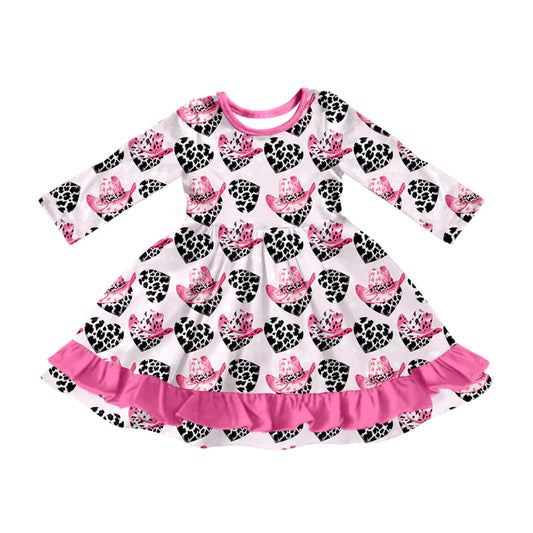 Baby Girl Toddler Long Sleeves Western Hats Hearts Valentine Dress