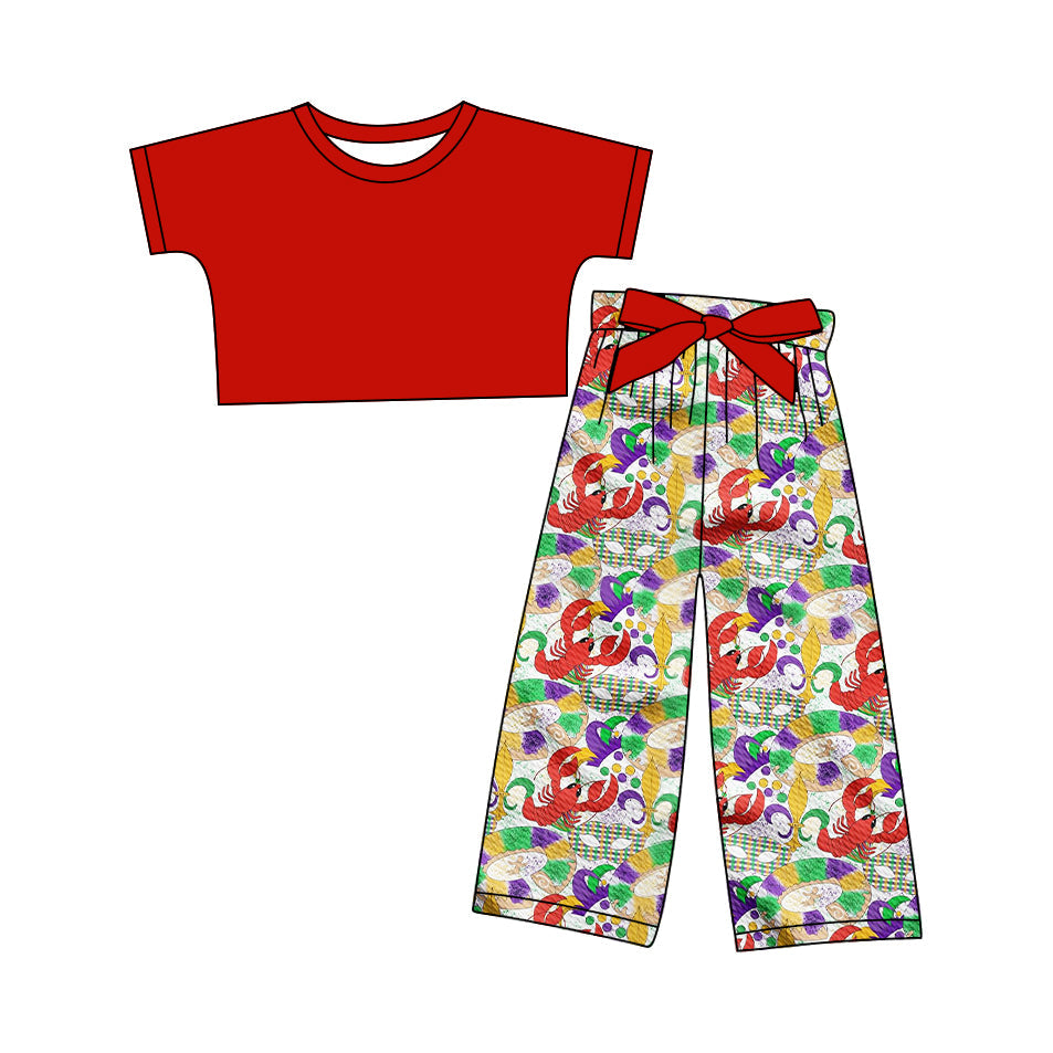 Baby Girl Short Sleeveless Red Tops Mardi Gras Crawfish Pants Set ( Moq 5 ) 12.10