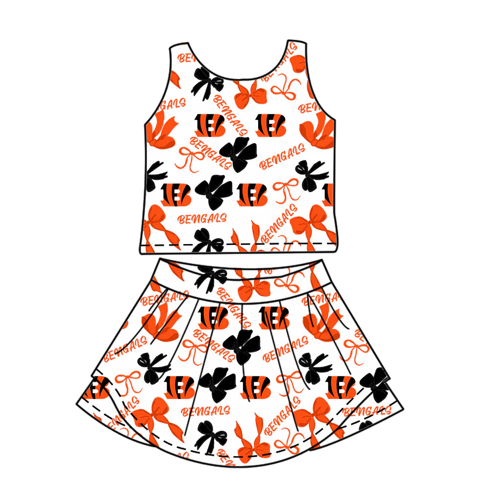 ( Moq 5 each style ) Baby Girl Toddler B Team Orange Bows Sibling Skort Dress Set 6.11