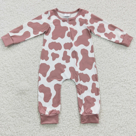 LR0333 Baby Kids Newborn Long Sleeves Zip Cow Print Western One Piece Romper