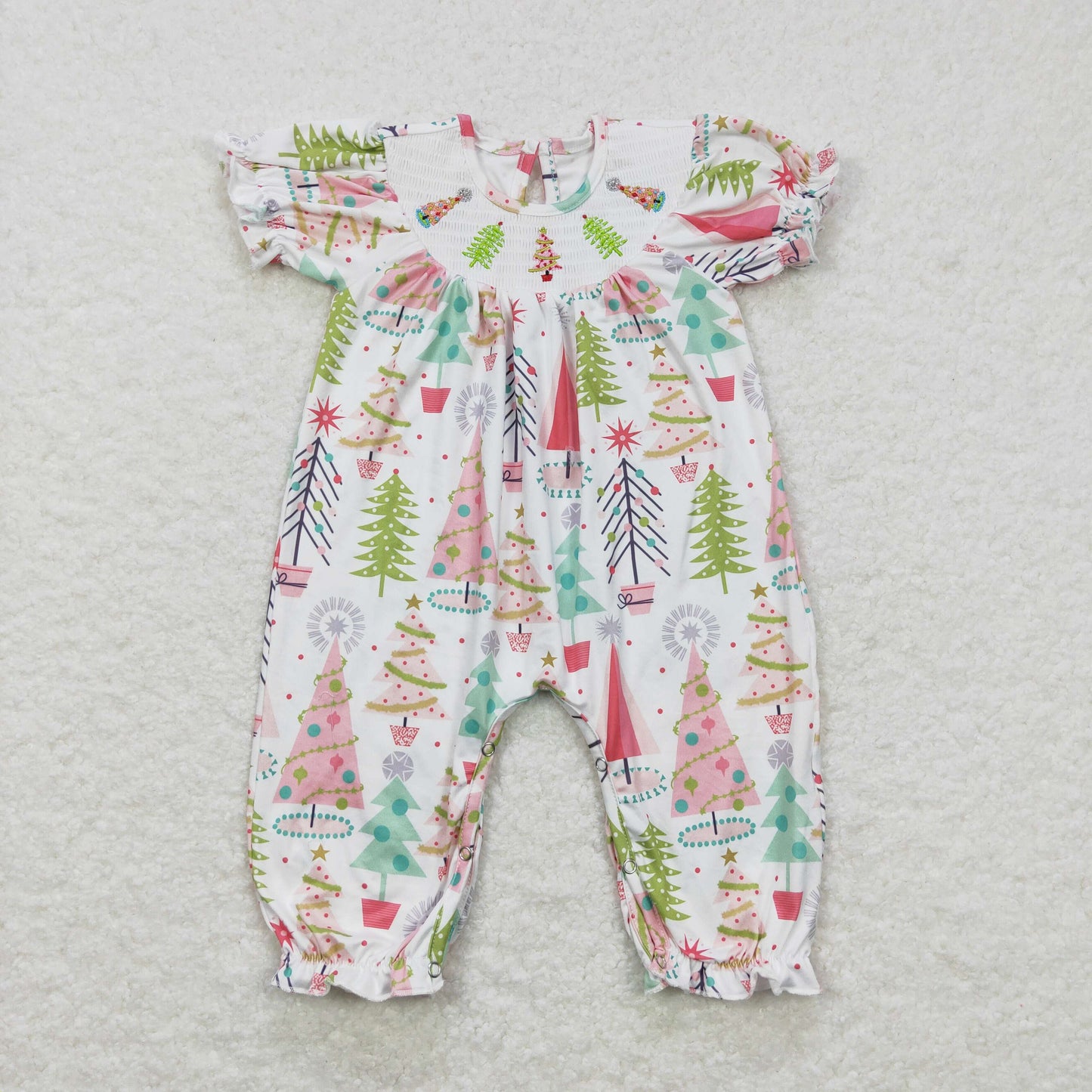 Baby Girls Infant Smocked Embroidery Christmas Trees Buttons Romper RTS