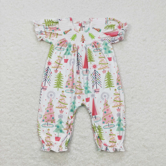 Baby Girls Infant Smocked Embroidery Christmas Trees Buttons Romper RTS