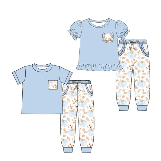 ( Moq 5 Each Style ) Baby Boy Girl Toddler Blue Short Sleeves Pumpkin Sibling Pockets Set 4.26
