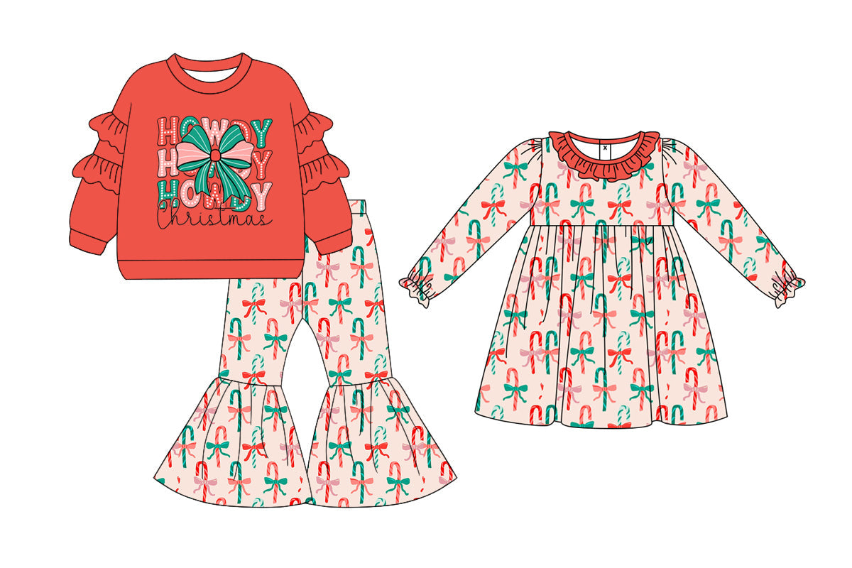 ( Moq 5 Each Style ) Baby Kids Toddler Howdy Candy Cane Bows Christmas Sibling Dress Set