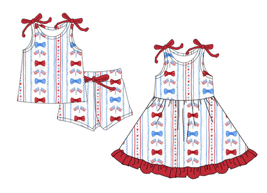 ( Moq 5 Each Style ) Baby Girls Kids Straps Flags Bows Sibling 4th of July Dress Set