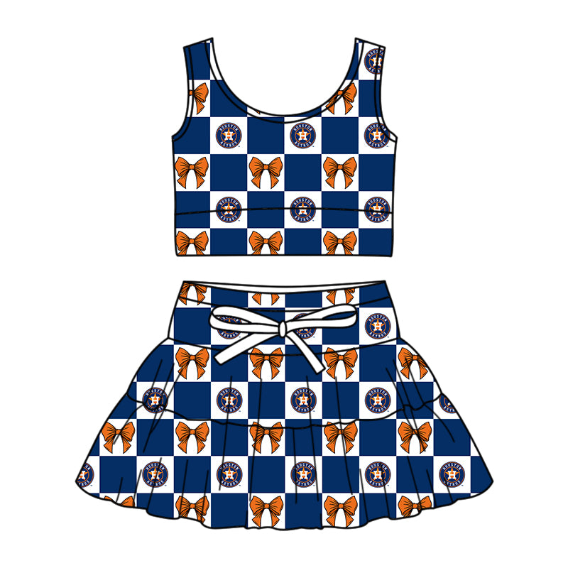( Moq 5 Each Style ) Baby Girls Kids Toddler Bows Blue Plaid Tops Shorts Skirt Team Set