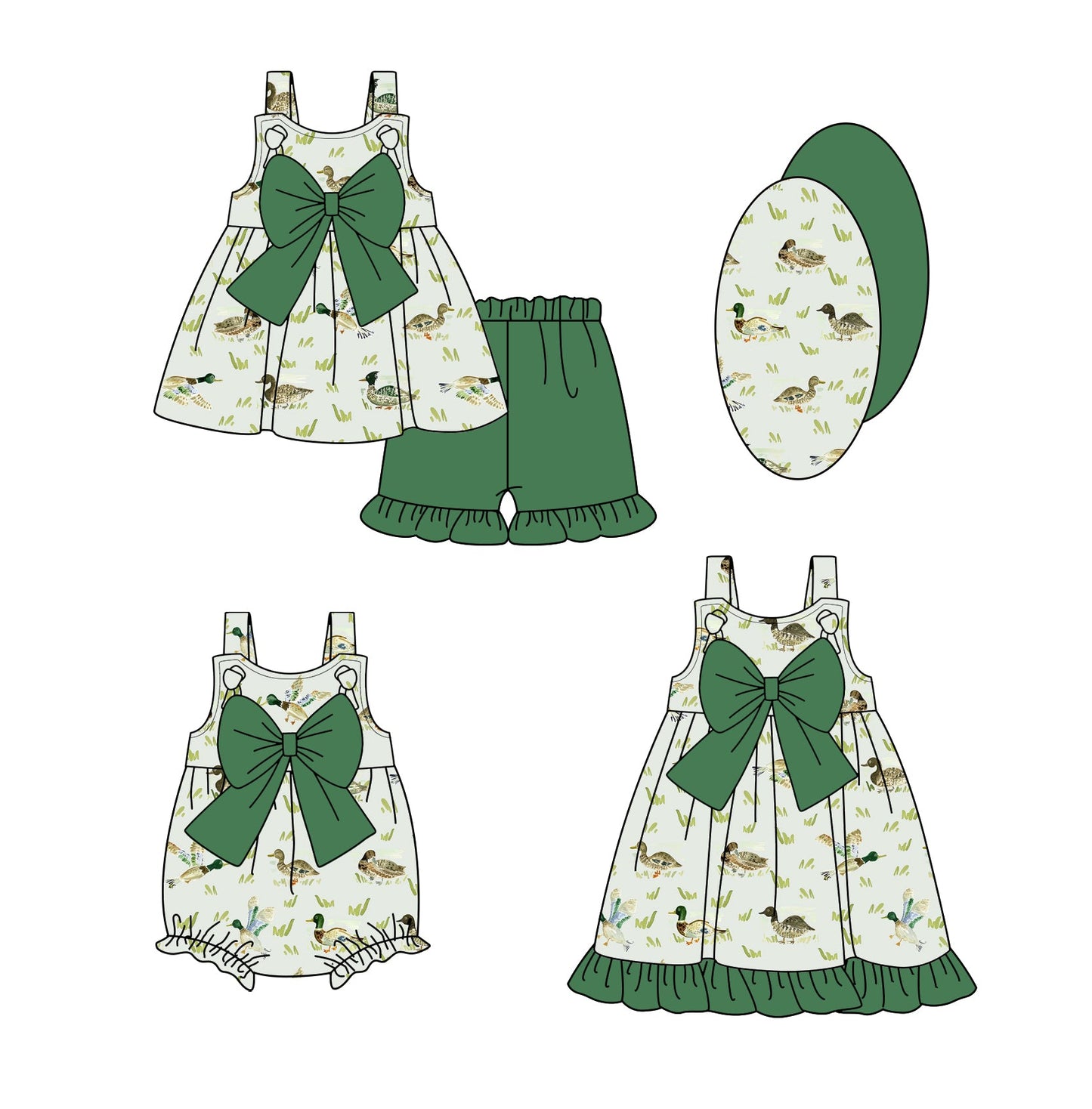 Baby Girl Ducks Green Bows Sibling Romper Dress Set ( Moq 5 Each Style ) 2.24