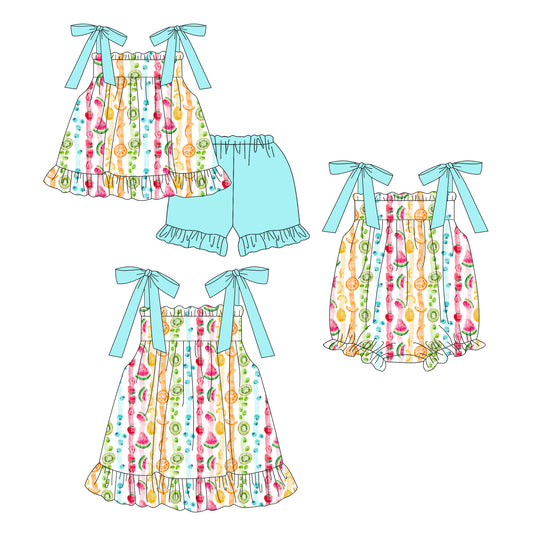 ( Moq 5 Each Style ) Sibling Baby Girls Kids Fruits Bows Romper Dress Set Summer Clothes