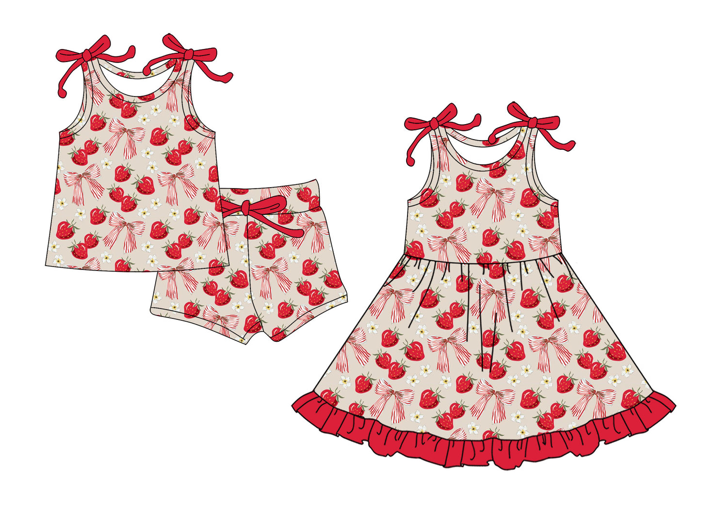 ( Moq 5 Each Style ) Sibling Baby Girls Kids Bows Strawberry Flower Dress Set Summer Clothes