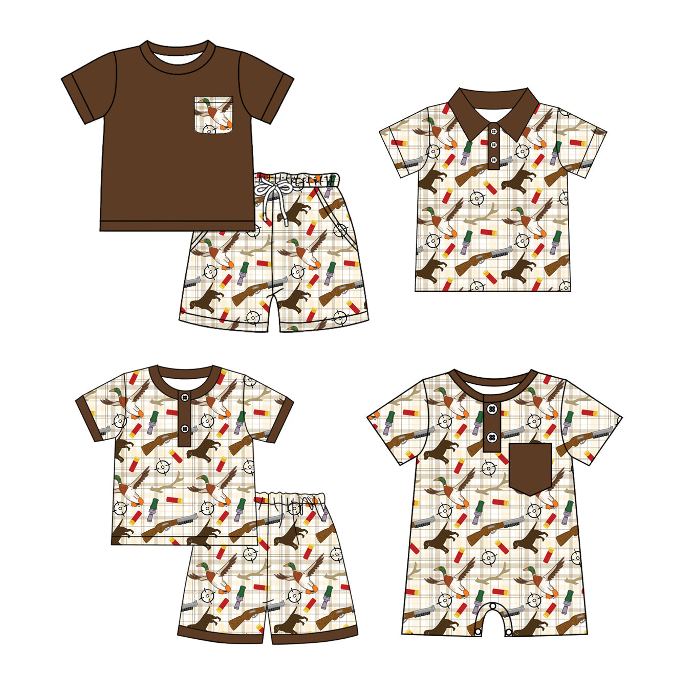 Baby Boy Short Sleeves Ducks Dogs Hunting Sibling Romper Set ( Moq 5 Each Style ) 12.23