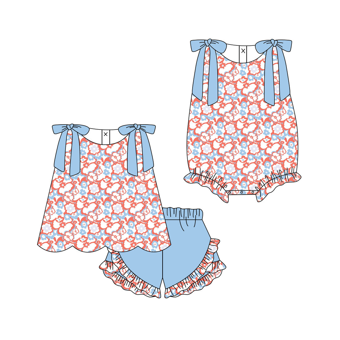 ( Moq 5 Each Style ) Sibling Baby Girls Kids Blue Bows Flower Tops Shorts Summer Set Romper
