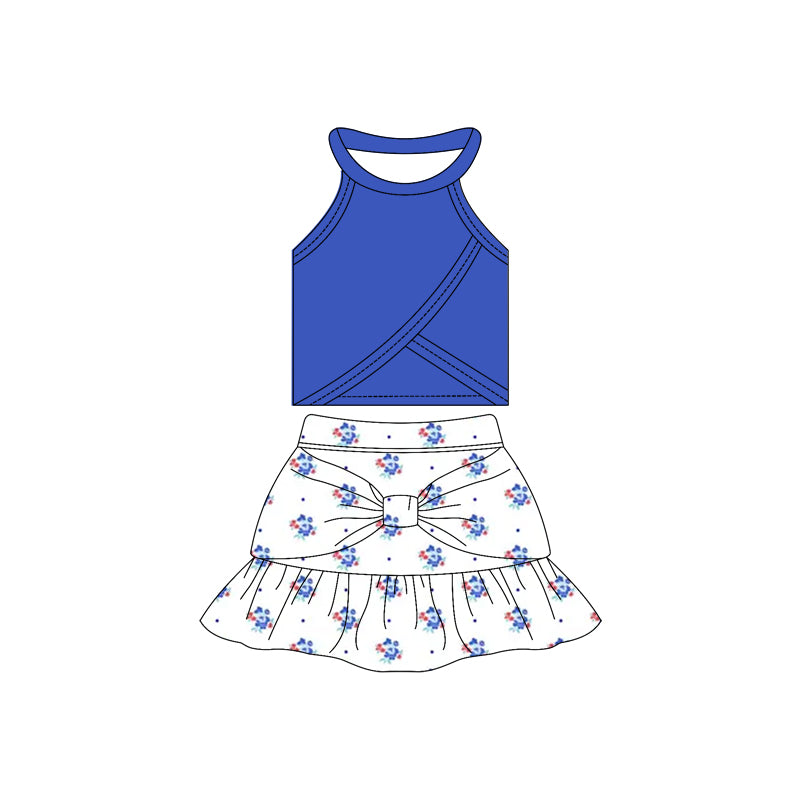 ( Moq 10 ) Baby Girl Sleeveless Blue Vest Top Flower Dots Bow Ruffle Shorts Skirts Activity Wear Yoga Set