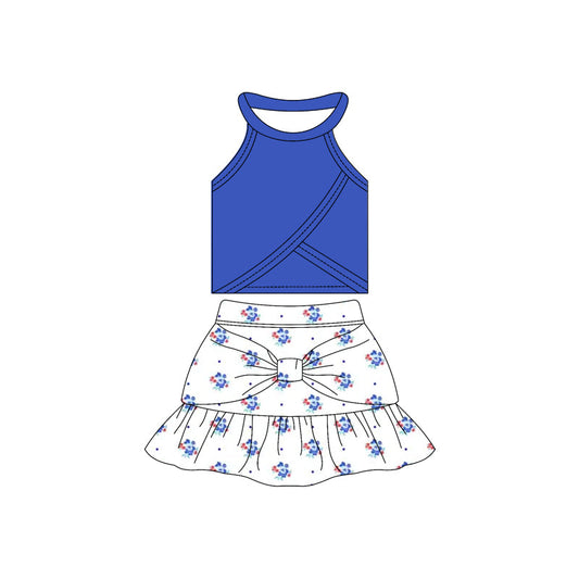( Moq 10 ) Baby Girl Sleeveless Blue Vest Top Flower Dots Bow Ruffle Shorts Skirts Activity Wear Yoga Set