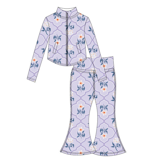 ( Moq 10 ) Baby Girl Lavender Flower Long Sleeves Pockets Zipper Tops Bell Bottom Pants Activity Wear Yoga Set