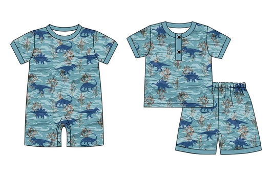 ( Moq 5 Each Style ) Sibling Baby Boys Kids Short Sleeves Dinosaurs Summer Green Romper Set