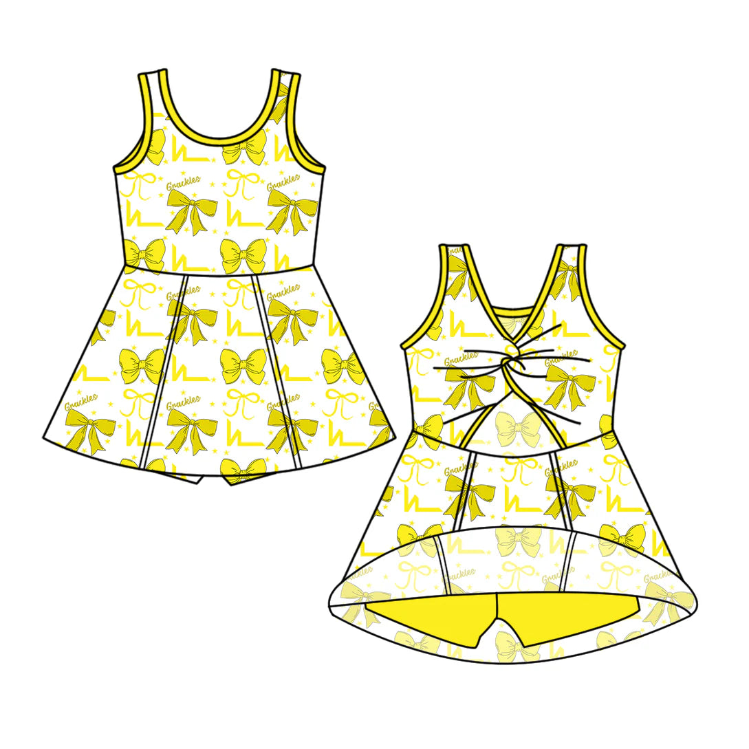 ( Moq 5 each style ) Baby Girl Summer Team Cheer Sibling Yellow Bows Dress Set 7.18