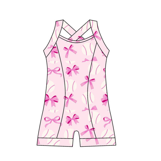 ( Moq 10 )Baby Girl Straps Pink Bows Baseballs Activity Wear Yoga Jumpsuit