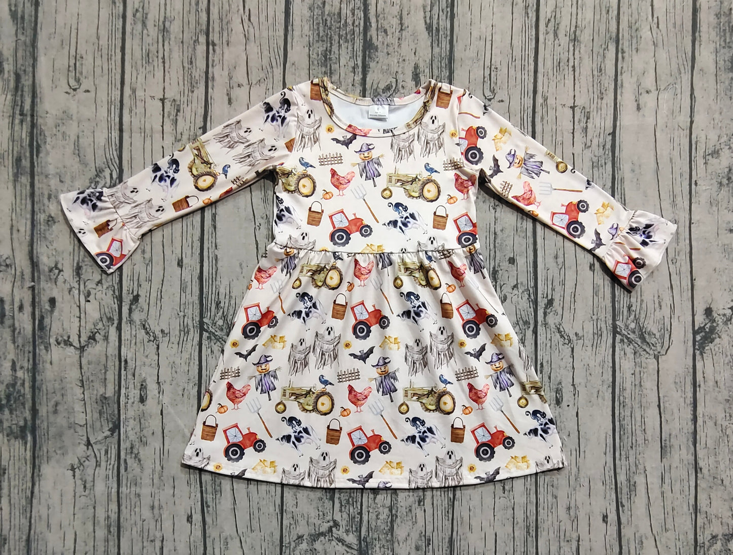 Baby Girl Long Sleeves Farm Animals Tracks Ghosts Pumpkins Halloween Fall Ruffle Dress RTS