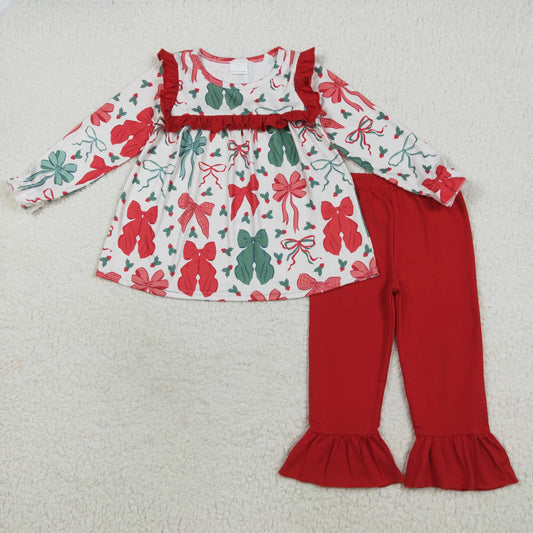 Baby Girl Long Sleeves Red Green Bows Tunic Ruffle Pants Christmas Set RTS