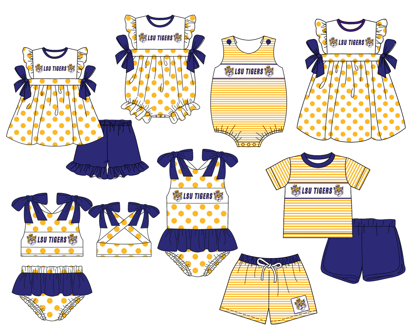 Baby Boy Girl Tiger LSU Team Sibling Romper Dress Swimsuit Set ( Moq 5 each style)