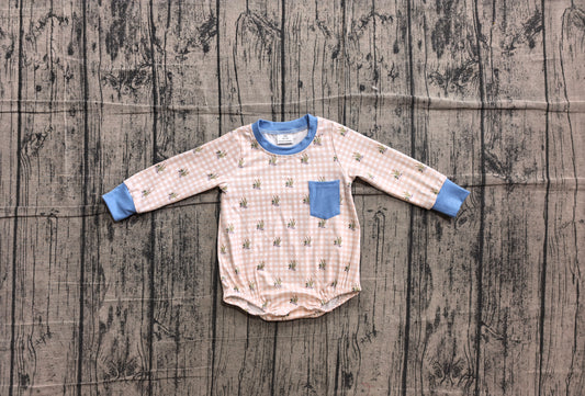 ( No moq ) Preorder Baby Boys Infant Long Sleeves Embroidery Ducks Plaid Pocket Romper Clothes