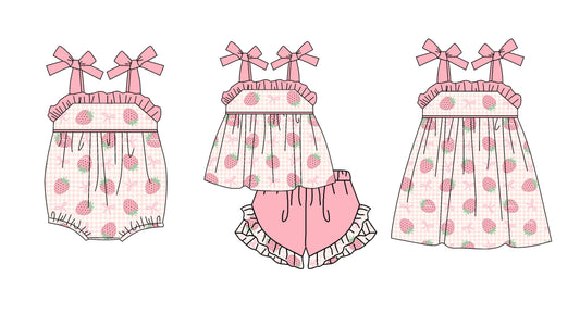( Moq 5 Each Style ) Sibling Baby Girls Kids Bows Strawberry Romper Dress Set Summer Clothes