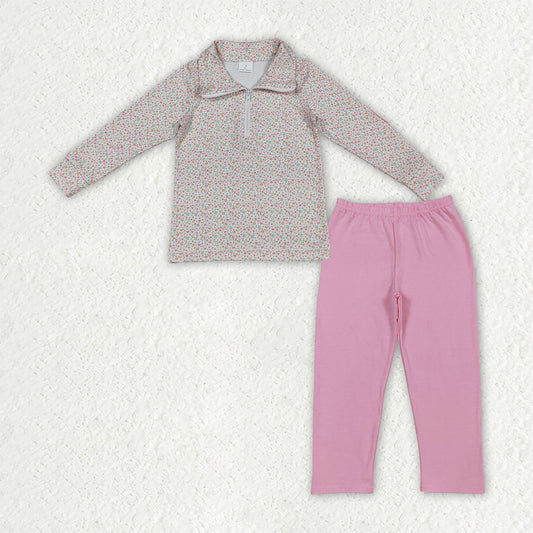 Baby Girls Kids Long Sleeves Floral Zipper Shirt Pink Pants Set Clothes RTS