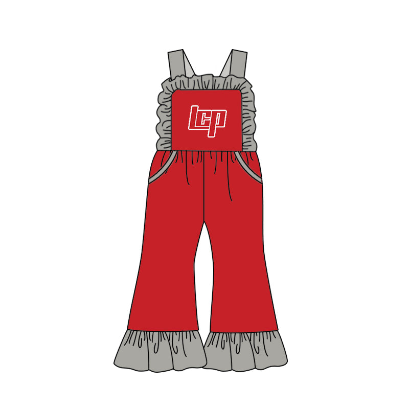 Baby Girl Straps Red Team Pockets Ruffle Pants Jumpsuit ( Moq 5 )