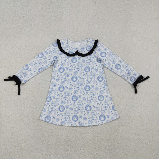 Girls Kids Long Sleeves Snowman Christmas Blue Knee Length Dress RTS