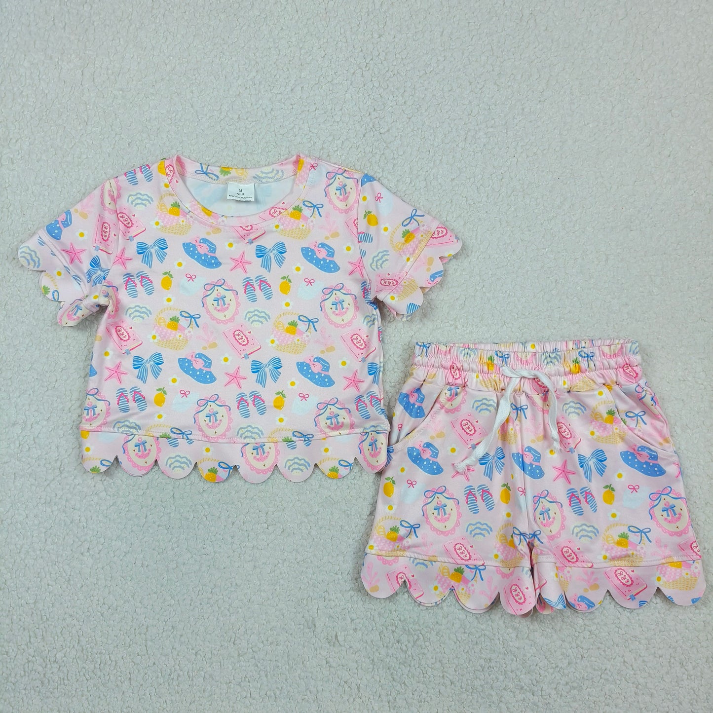 Baby Girl Kids Short Sleeves Bows Shirt Shorts Scallop Set Summer Clothes RTS