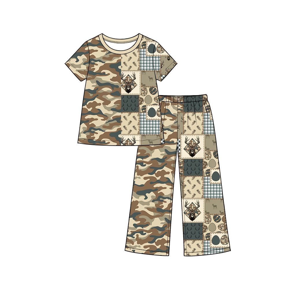 ( Moq 5 ) Preorder Baby Girls Kids Short Sleeves Eggs Deer Shirt Pants Camo Set Easter Clothes