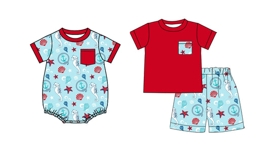 ( Moq 5 Each Style ) Sibling Baby Boys Kids Short Sleeves Shirt Shorts Pocket Set Romper